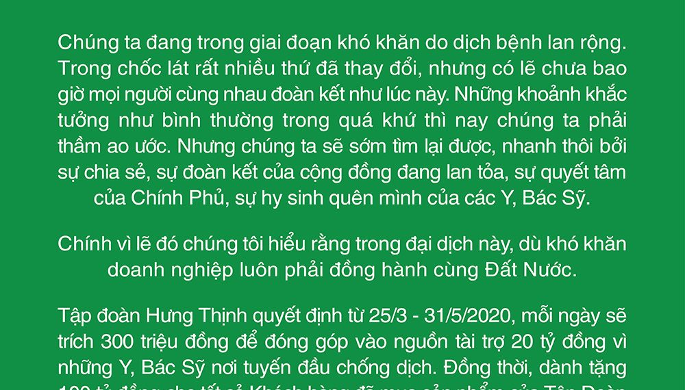 Tập đoàn Hưng Thịnh tài trợ 20 tỷ đồng cho y, bác sỹ nơi tuyến đầu chống dịch và dành tặng khách hàng 100 tỷ đồng