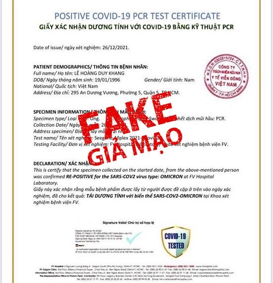 BỆNH VIỆN FV XÁC NHẬN THÔNG TIN “GIẤY XÁC NHẬN DƯƠNG TÍNH VỚI COVID-19 BẰNG KỸ THUẬT PCR” LÀ GIẢ MẠO